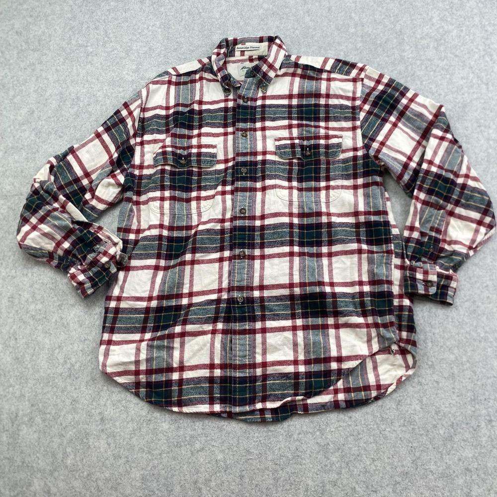 Eddie Bauer Shirt Mens Large Red Plaid Flannel Button Up Los Angeles *HOLE*